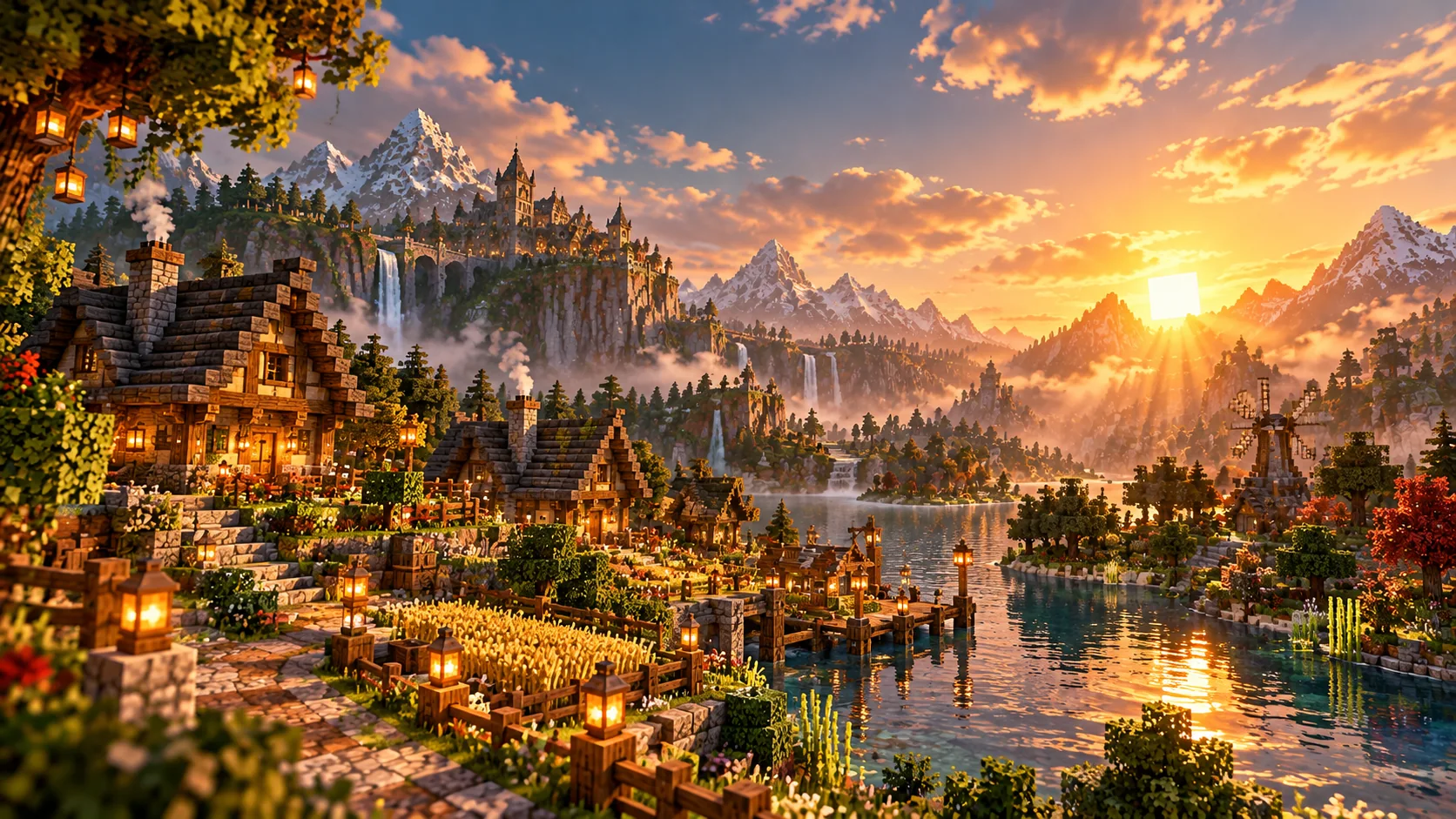 Minecraft-Survivaldorf am See im goldenen Sonnenaufgang