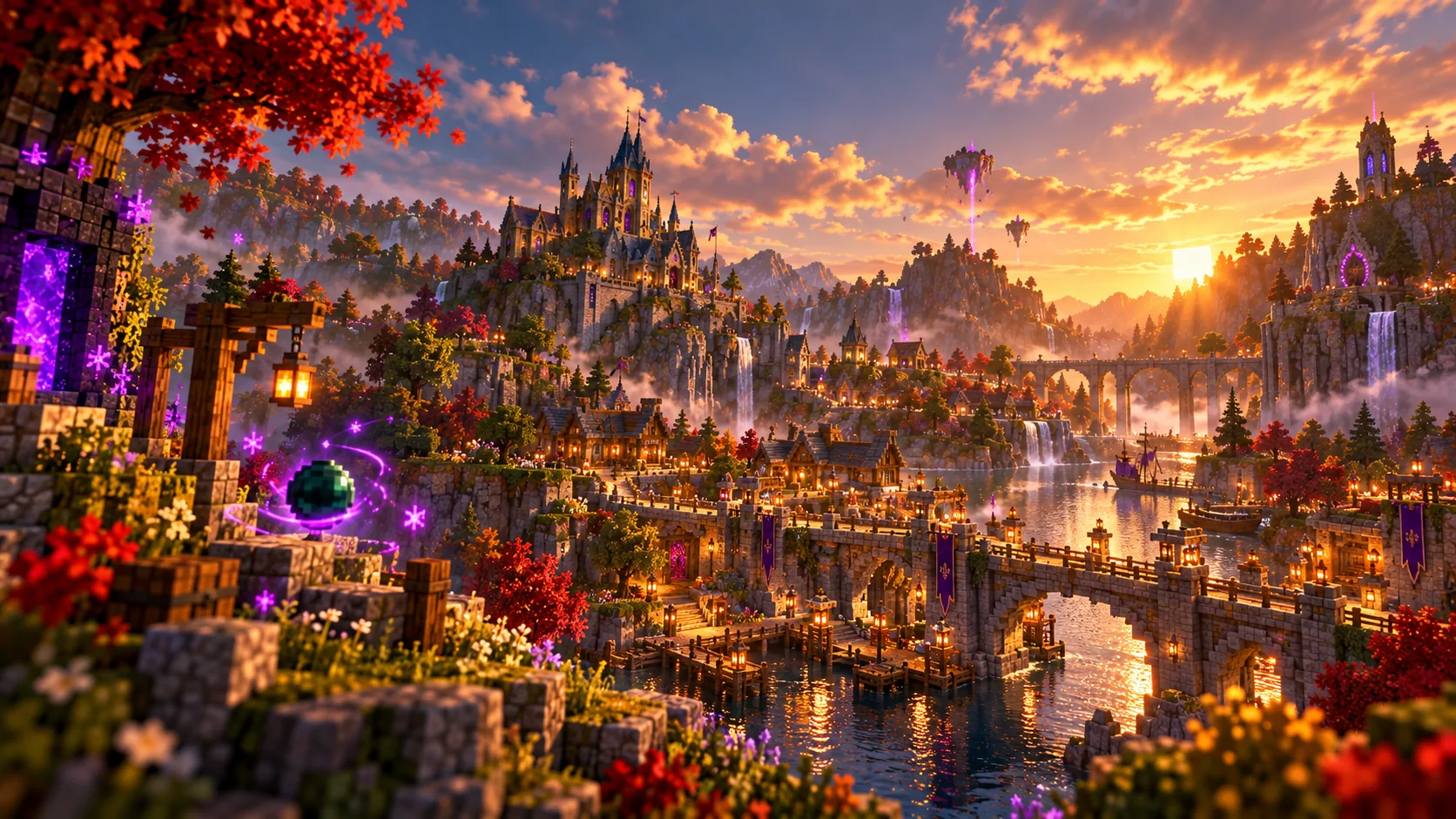 Minecraft-Welt mit violetten Teleporteffekten bei Sonnenuntergang